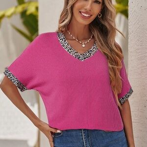 Pink Ribbed Top with Leopard Trim